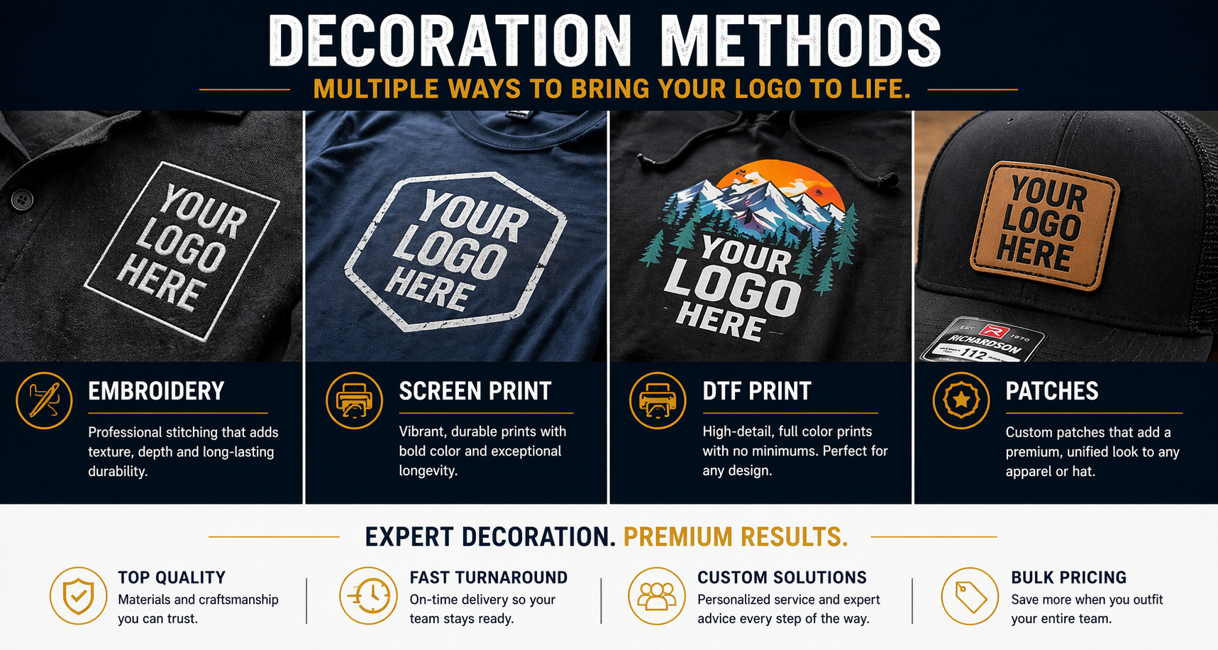 Decoration Methods — Embroidery, Screen Print, DTF Print, Patches — Quality Silkscreens Hampton Roads VA
