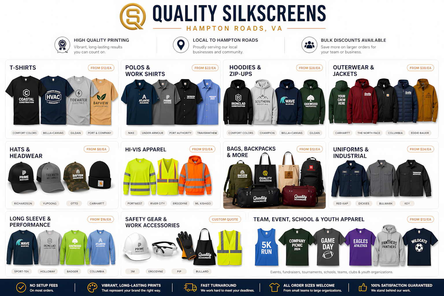Full Custom Apparel Catalog — T-Shirts, Polos, Hoodies, Hats, Hi-Vis, Bags, Uniforms, Long Sleeve, Safety Gear, Team Apparel — Quality Silkscreens Hampton Roads VA