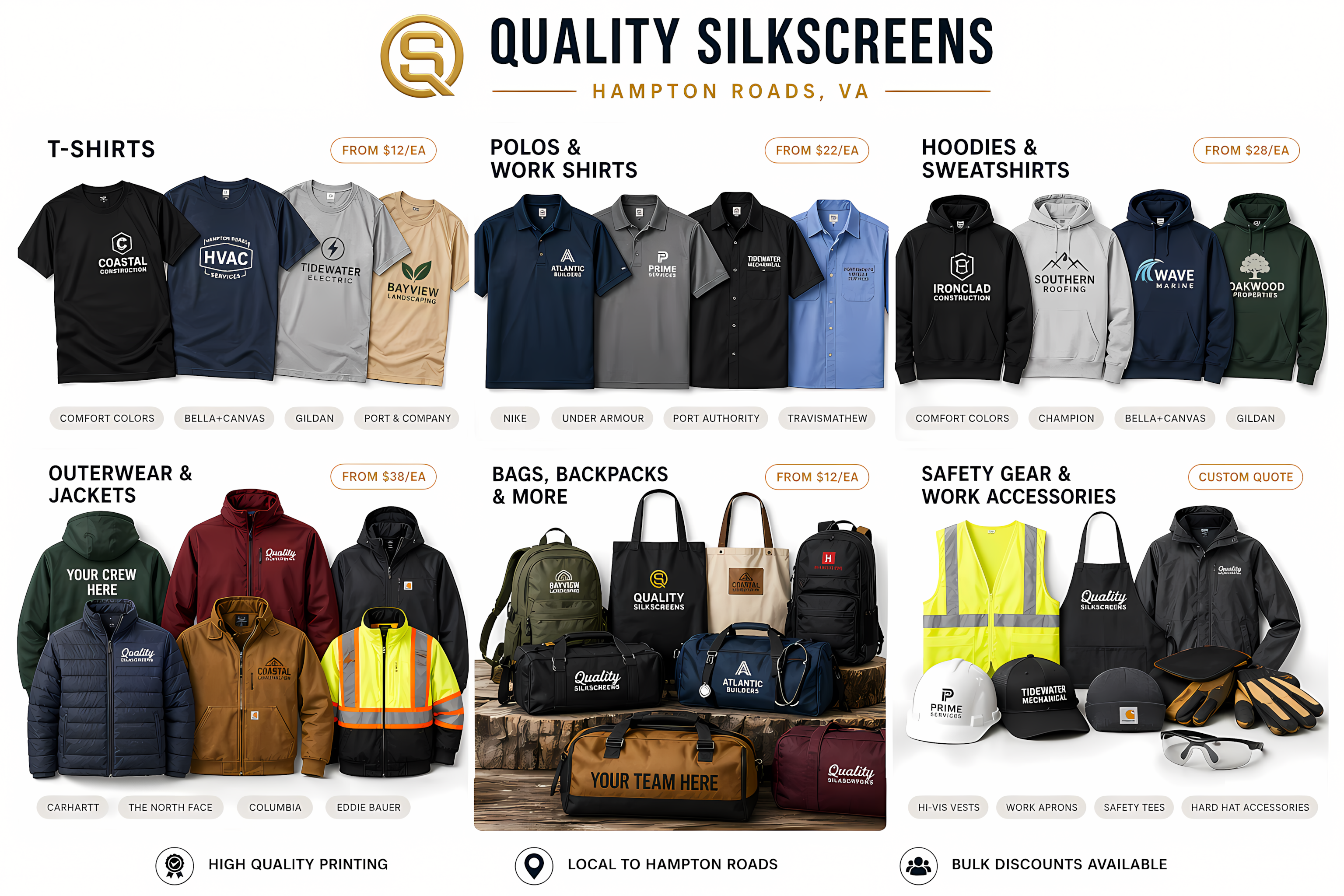 Custom Apparel Products — T-Shirts, Polos, Hoodies, Outerwear, Bags, Safety Gear — Quality Silkscreens Hampton Roads VA